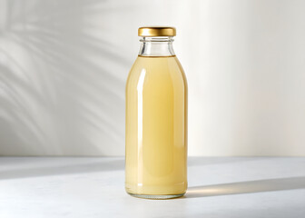 Clear glass bottle with golden cap holds light yellow liquid. This beverage sits on white surface casting subtle shadow, ideal for product shots.