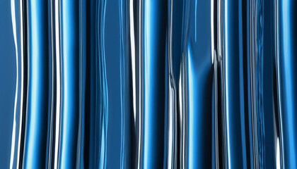 Closeup of a blue metallic curtain with vertical folds and highlights, abstract background