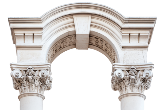 Ornate white marble archway with corinthian columns isolated on transparent background. Classic column arch isolated on white background.