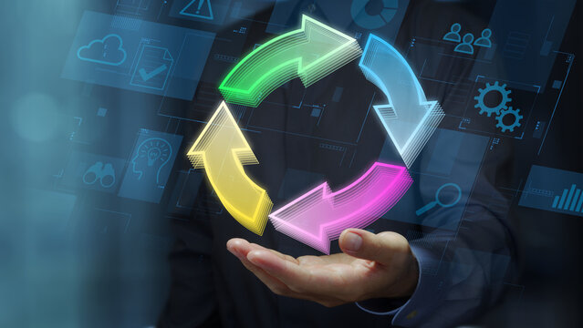 Continuous improvement cycles. Feedback loop in business strategy. Decision making and observation. Businessperson holding arrow icons.