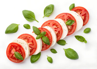 Sliced Tomatoes with Basil Leaves, Caprese salad, isolated on white background