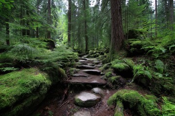 Obraz premium Moss-covered stone path winding through a lush green forest in summer