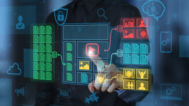 CMS content management system. Web content management platform. Businessperson tapping a digital content icon.