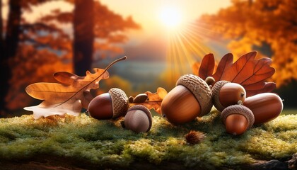 Acorns And Seasonal Elements In A Nature Scene