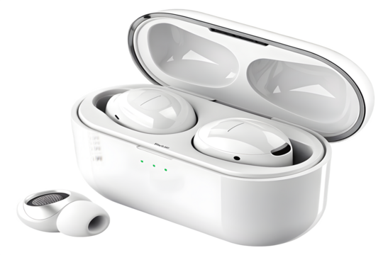 Modern Wireless Earbuds with Charging Case Isolated on White Background