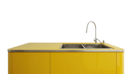 A vibrant, retro-inspired kitchen counter with a laminated surface in a bold primary color (e.g., bright yellow) and a built-in stainless steel sink. The counter is sharp against a white background.