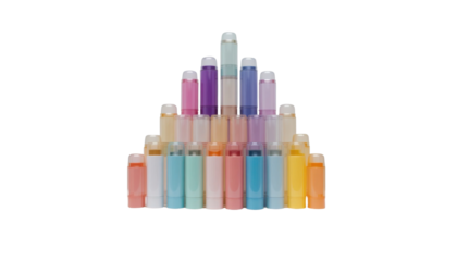 A vibrant scene of empty, transparent plastic inhaler cartridges, stacked and arranged in a pyramid on a bright white display plinth, white background.