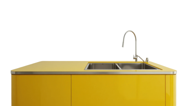 A vibrant, retro-inspired kitchen counter with a laminated surface in a bold primary color (e.g., bright yellow) and a built-in stainless steel sink. The counter is sharp against a white background.