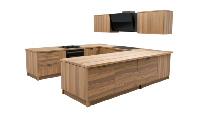 A contemporary L-shaped kitchen counter with integrated base cabinets and a light wood butcher block surface. The entire unit is isolated on a bright white backdrop, emphasizing its natural material.