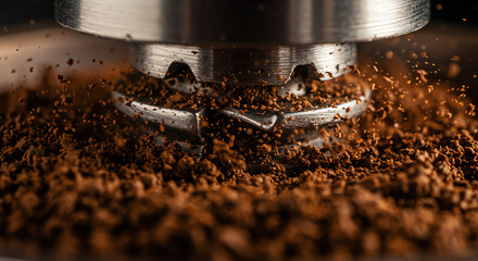 Grinding coffee beans with burr grinder closeup