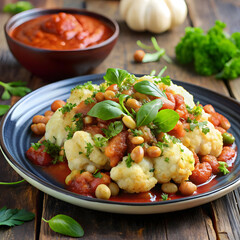 roasted cauliflower with sprouts beans and served