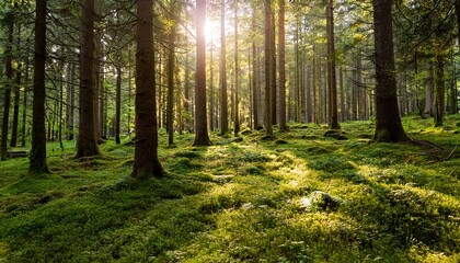 Lush Green Forest With Sunlight Filtering Through Trees Highlighting A Mossy Ground Serene Atmosphere