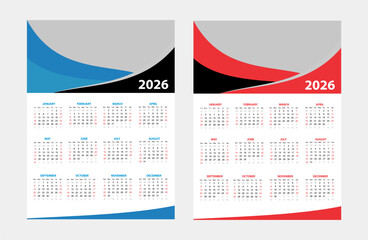 calendar 2026 design template vector. blue black color combination and red black color.