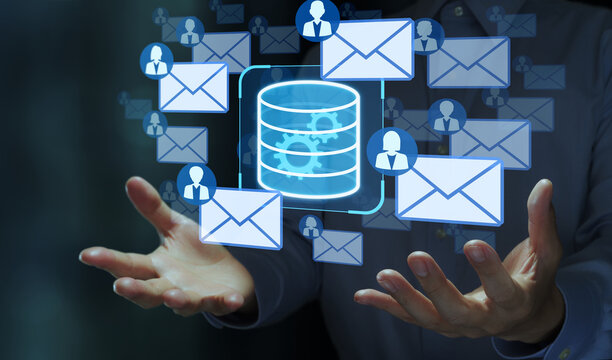 Database email. Automated mail delivery from a server. Businessperson holding mail and database icons.