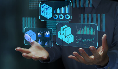 Inventory management. Demand forecasting with stock analytics graphs. Business person using...