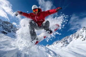 Snowboarder performs a spectacular jump in the high mountains during a sunny winter afternoon