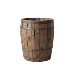Obraz premium A rustic, wooden barrel-style trash can, made from reclaimed wood, placed on a pristine white studio background. The texture of the wood grain should be prominent.