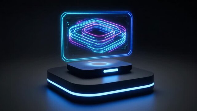 Abstract blue and purple neon light swirl over a black futuristic pad. Digital modern technology communication data footage.
