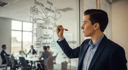 Marketing Strategy Flowchart: Man Planning Social Media Campaigns in Office