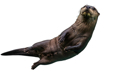 Otter dives in dark water, light plays on fur, suitable for nature documentaries, educational use, and aquatic life presentations.
