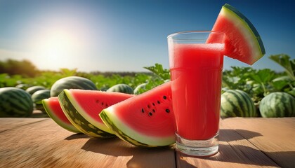 A Glass Of Watermelon Juice Taken Outdoors In A Watermelon Field During Summer