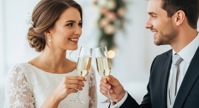 Bride and groom toasting champagne on wedding day, with joyous expressions. Celebration of wedding day with couple celebrating their love and commitment. Happy wedding day concept for invitations, - Powered by Adobe