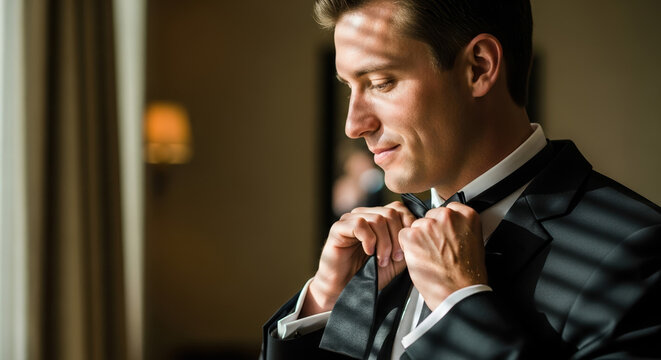 Groom portrait adjusting elegant bow tie, preparing for wedding day. Man in tuxedo touches bow tie before ceremony, formal event or celebration. Image groom portrait conveys anticipation, elegance,