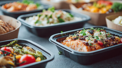 Healthy Meal Prep in Black Containers – Fresh Takeaway Food Assortment