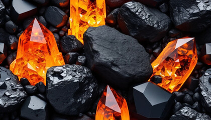 Closeup of glowing orange crystals and dark coal, representing energy and raw materials