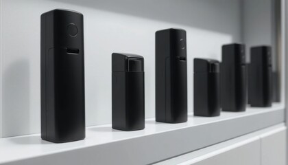 A modern retail concept showing empty, unbranded sleek matte black inhaler dispensers, standing upright in a sleek white display unit, white background.