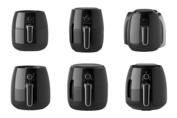 Black air fryers arranged in two rows isolated on transparent background. Collection set of black air fryers isolated on white background.