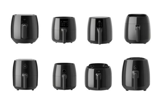 Black air fryers arranged in two rows isolated on transparent background. Collection set of black air fryers isolated on white background.