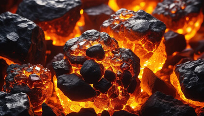 Closeup view of glowing hot coal embers with intense orange and yellow light
