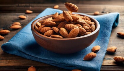 Shelled Raw Almonds Falling Into Bowl Placed On Blue Napkin On Rustic Wooden Table Creating Warm And Inviting Atmosphere Perfect For Healthy Snacking