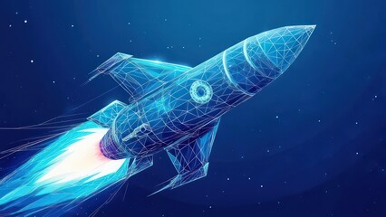 Dynamic 3D rocket soaring through space, symbolizing innovation, future, and technological advancement, ready for success