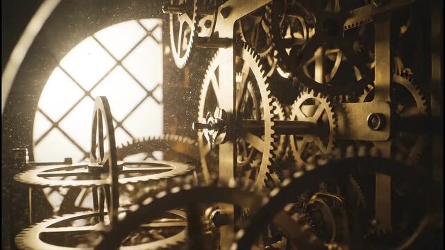 Clockwork gears and window in sepia tones. Suitable for steampunk or industrial design projects, vintagethemed presentations, or mechanical concepts.