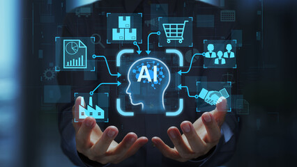 AI ERP and intelligent automation. Data-driven predictive analytics. Businessperson holding artificial intelligence icon.