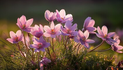 A Bunch Of Pink Flowers That Are In The Grass