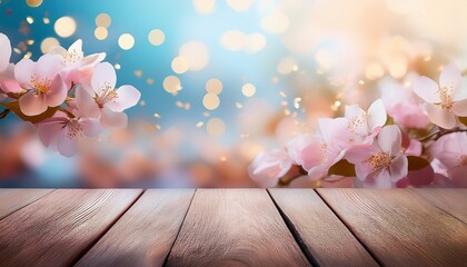 Pastel Wood Surface Meets A Dreamy Bokeh Backdrop Of Pinks Blues Dusted With Gold Flecks And Delicate Floral Petals