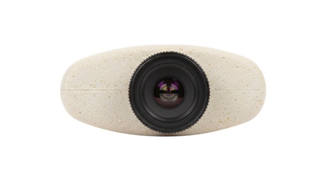 Beige stony style shell shows center lens, surface textures highlighted. It is for product photography, creative art, and digital design.