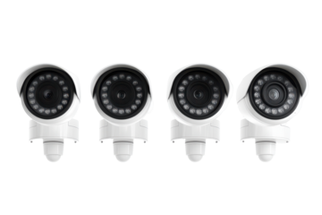 Security cameras arranged in a row isolated on transparent background. Collection set of CCTV cameras isolated on white background.