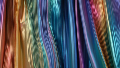 Abstract flowing fabric with iridescent rainbow colors and metallic sheen, closeup texture