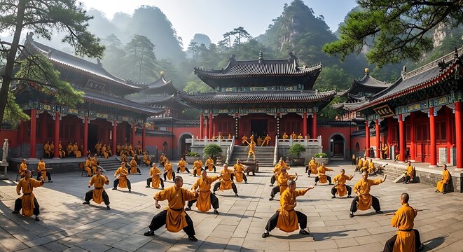 Shaolin Monks Practicing Kung Fu at Temple in China.