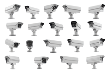 Collection of security cameras isolated on transparent background. Collection set of CCTV cameras isolated on white background.