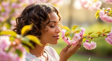 Fototapeta premium Woman enjoying the scent of pink blossoms in springtime sunshine and nature's beauty and aroma bliss