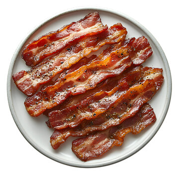 Crispy cooked bacon strips arranged on a white plate seasoned with herbs and spices isolated on transparent background