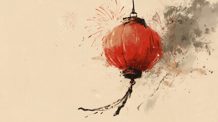 Red Lantern Hanging with Gold Ink Splatter. Minimalist Design for Lunar New Year.