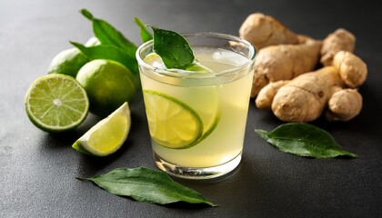 Refreshing Ginger And Lime Drink With Sliced Ginger And Green Leaves