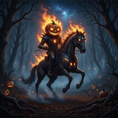 Flaming Headless Horseman Riding Dark Horse in Haunted Forest