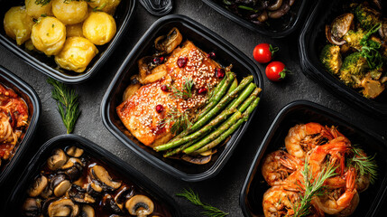 Assorted Gourmet Meal Prep in Black Containers – Healthy Takeaway Food Closeup